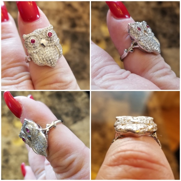 Genuine White Sapphire & Rubies Owl Ring - Picture 4 of 6